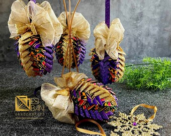 Adorno de piña africana en oro púrpura, adorno de tela acolchada, adorno de piña, adorno real, adorno africano de Ankara (SKU: KCO1020)