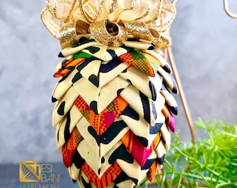 MudCloth ‘n’ Kente Christmas Ornament, Quilted Fabric Pinecone Ornament, African American Ornament, Oval Ankara Ornament SKU KCO1012