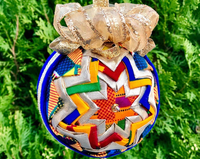 Kente Christmas Ornament,  Quilted Fabric Ornament, Round Ornament, Gold n Blue Royal Ornament,  Ankara African Ornament SKU KCO1001