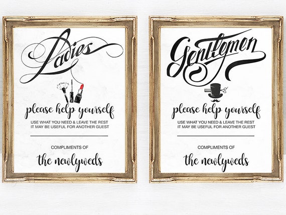 Wedding bathroom basket signs womens and mens hospitality | Etsy
