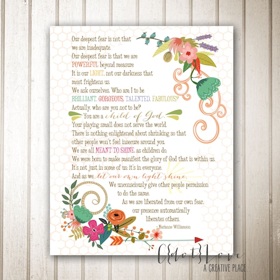 Our Deepest Fear Marianne Williamson Quote Child Of God Etsy