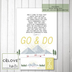 以下が含まれることがあります： 「GO & DO」と聖句「1 ネフィ 3:7」が書かれた黄色のバナーが付いた山脈のイラストが描かれた、印刷可能なデジタルダウンロードです。テキストには、「そして、私はネフィ、父に言った。私は行って、主が命じられたことを行う。なぜなら、私は主が、人間の子らに、主が彼らに命じることを成し遂げられるように、彼らのための道を備えない限り、命令を与えないことを知っているからだ。1 ネフィ 3:7」と書いてあります。