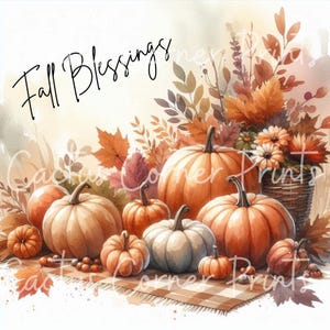 May include: A watercolour illustration of pumpkins in shades of orange and white, with the words "Fall Blessings". The image includes autumn leaves and flowers, creating a seasonal theme. Pumpkins of different sizes are arranged together.
