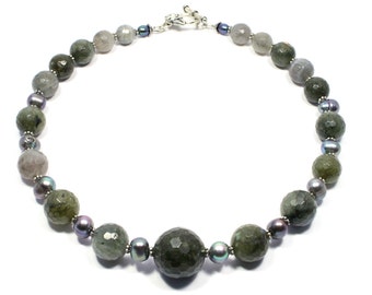 Collier Labradorite - Choker Perles Labradorite - Bijoux en pierres précieuses naturelles - Bijoux Perles - Fermoir à bascule - Collier Gris Vert