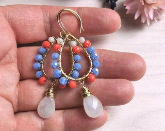 Wire-wrapped Moonstone Drop Earrings, Boho Luxe Moonstone and Blue Crystal Wire Wrapped Earrings, Colourful Summer Fashion Earrings on Brass