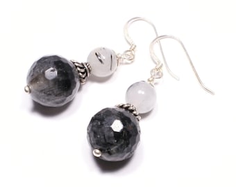 Black White Earrings Sterling Silver, Tourmalated Tourmalinated Quartz Drop Earrings,  Sterling Silver Black White Gemstone Earrings Drops