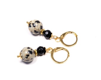 Elegant Black Gemstone and Gold Drop Earrings - Gemstone Black & Gold Earrings - Black Onxy Dalmation Jasper and Gold Semi Precious Earrings