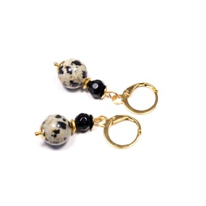 Elegant Black Gemstone and Gold Drop Earrings - Gemstone Black & Gold Earrings - Black Onxy Dalmation Jasper and Gold Semi Precious Earrings
