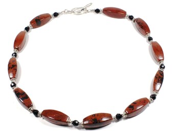 Mahogany Obsidian Onyx Necklace - Brown Gemstone Necklace - Brown Black Mahogany Obsidian Onyx Beaded Neckalce - Autumn Winter Necklace