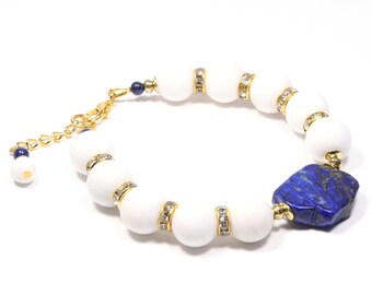 Pulsera de Oro de Lapislázuli - Pulsera de Oro Blanco Azul - Pulsera de Lapislázuli - Pulsera de Lapislázuli Chapada en Oro - Pulsera de Oro de Ágata Blanca de Lapislázuli