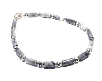 Grey Semi Precious Stone Necklace - Grey Stone and Crystal Necklace - Grey Necklace - Grey Agate and Sparkly Crystal Necklace