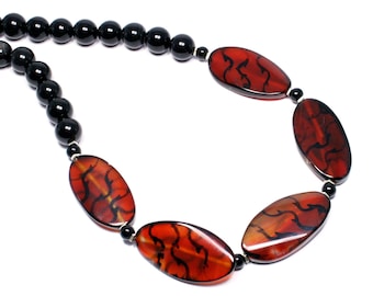 Black and Orange Semi Precious Stone Necklace - Black and Orange Agate Necklace - Orange and Black Gemstone Necklace - Agate Jewellery