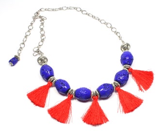 Statement Tassel Necklace - Colorful Tassel Necklace - Tassel Statement Necklace - Bright Blue Scarlet Necklace - Beaded Tassel Necklace