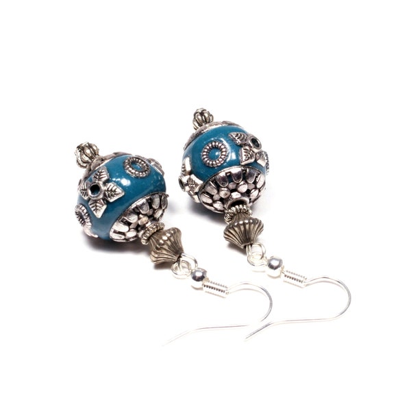 Turquoise Boho Kashmiri Earrings, Turquoise & Silver Kashmiri Bead Earrings Sterling Silver-Plated, Blue Boho Drops, Kashmiri Style Earrings