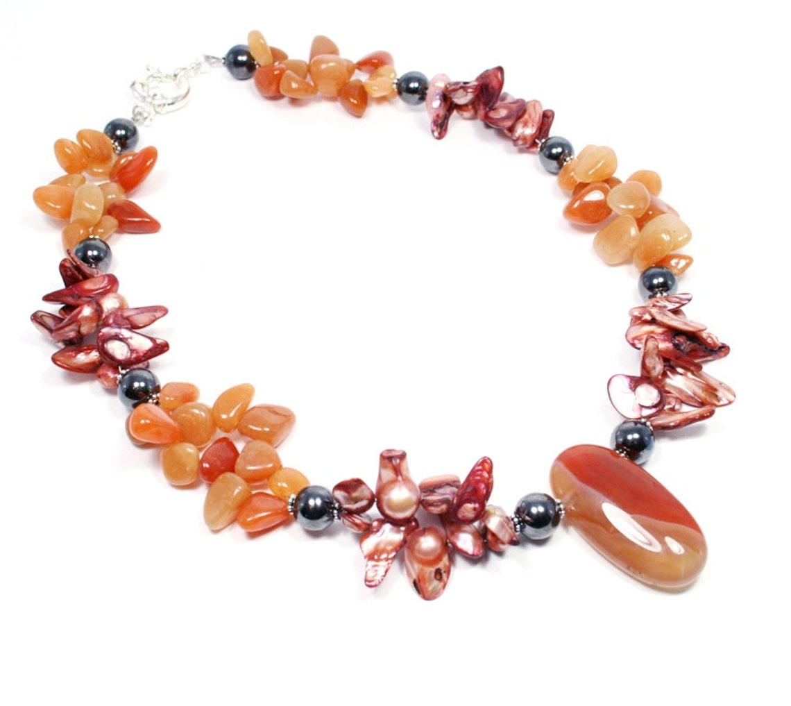 Carnelian Necklace Pearl and Gemstone Necklace Carnelian Pendant