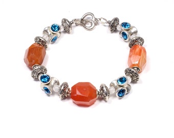 Pulsera de cornalina con acentos de color verde azulado - Pulsera de plata de pedrería de cornisa y cerceta - Pulsera de piedra semipreciosa Boho Chunky