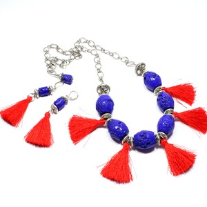 Statement Tassel Jewellery Set - Colourful Tassel Necklace and Earrings - Bright Blue and Scarlet Earrings and Necklace