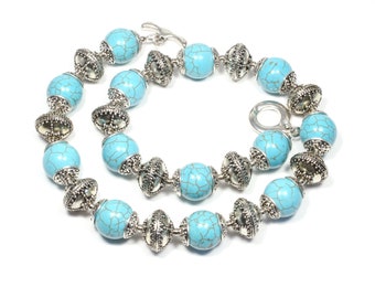 Turquoise Beaded Necklace -  Turquoise Jewellery - Turquoise Statement Necklace - Chunky Turquoise and Silver Necklace - Gemstone Necklace