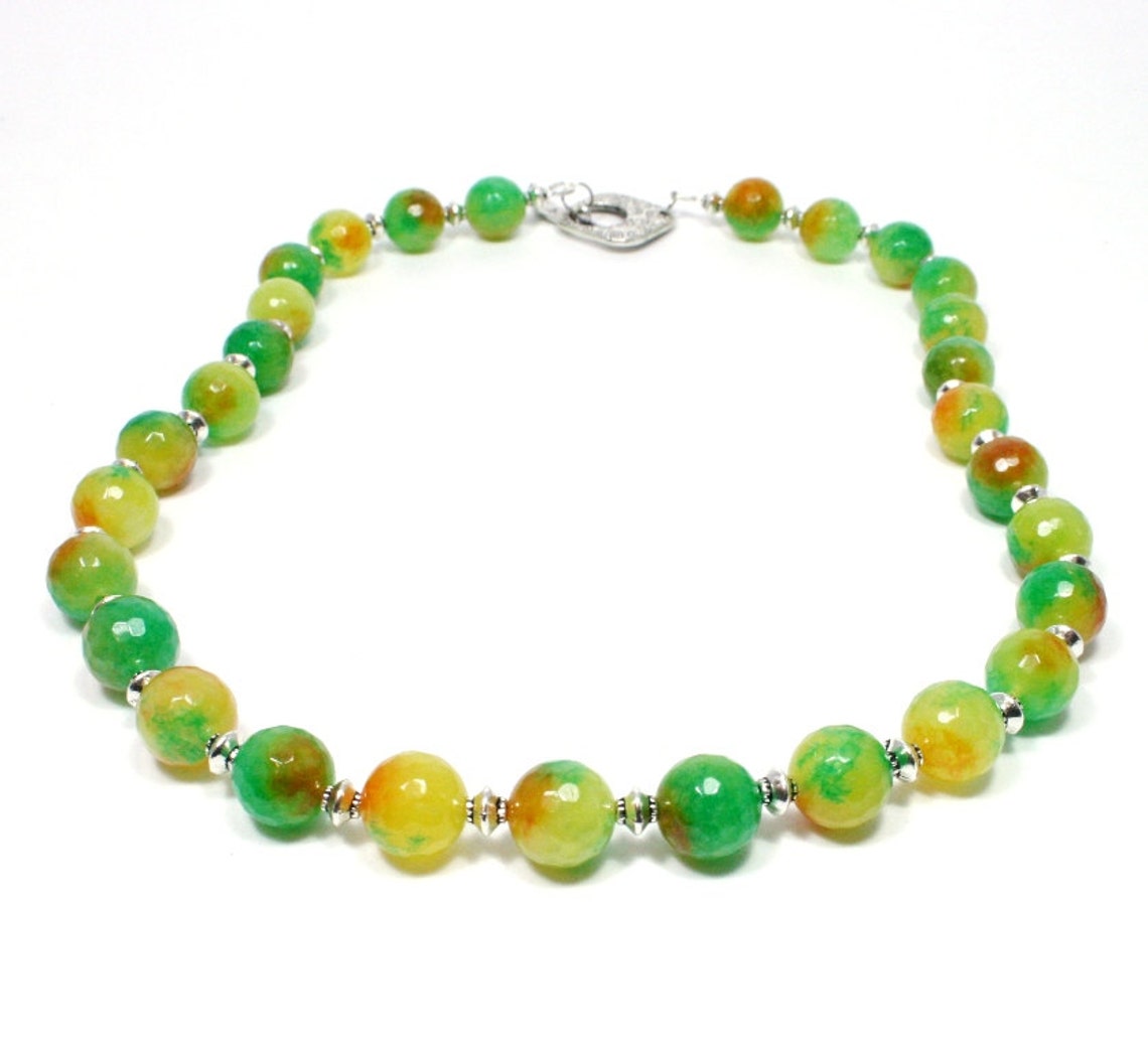 Bright Agate Necklace Green Yellow Beaded Necklace Gemstone Jewelry