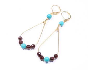 Boho Luxe Garnet and Genuine Turquoise Earrings: Real Turquoise and Garnet Gold-Plated Danlge Earrings, Gold Plated Turquoise Earrings