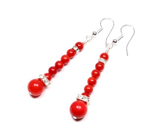 Elegant Long Red Coral Earrings Silver-Plated - Red Coral Silver Earrings Long - Dangly Long Red Earrings - Red Silver Statement Earrings