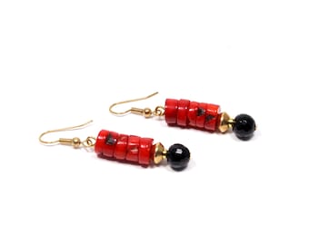 Coral and Onyx Earrings | Red, Black and Gold Drop Earrings | 14kt Gold-Plated Onyx and Coral Earrings | Red and Black Statement Earrings