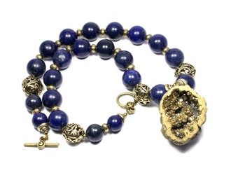 Gold Druzy Pendant Necklace - Metallic  Druzy - Lapis Necklace - Statement Necklace - Gold Quartz Necklace - Semi Precious Stone Jewelry