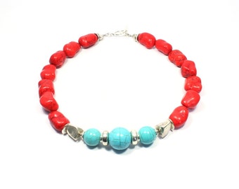 Red Turquoise Statement Necklace - Chunky Gemstone Necklace - Red and Turquoise Howlite Beaded Necklace - Beadwork - Big Skies Jewellery