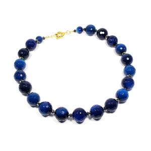 Blue Agate Gold Necklace Blue Gemstone Choker Necklace Chunky Blue Necklace Navy Beaded Necklace Gold-Plated Blue Statement Necklace image 9