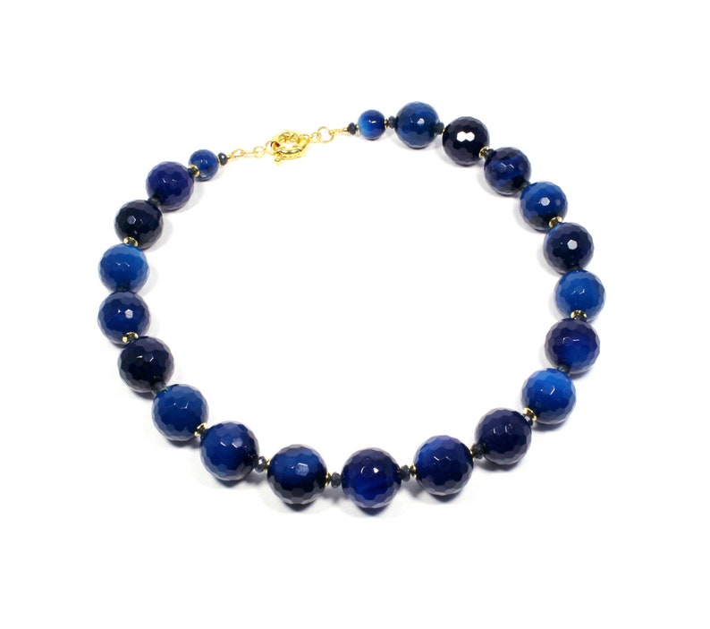 Blue Agate Gold Necklace Blue Gemstone Choker Necklace Chunky Blue Necklace Navy Beaded Necklace Gold-Plated Blue Statement Necklace image 9