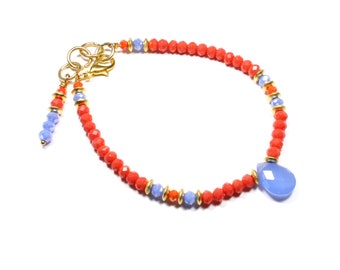 Blue Chalcedony & Coral Crystal Gemstone Bracelet - Blue and Orange Beaded Bracelet - 14kt Gold-Plated - Blue Chalcedony with Coral Cyrstals