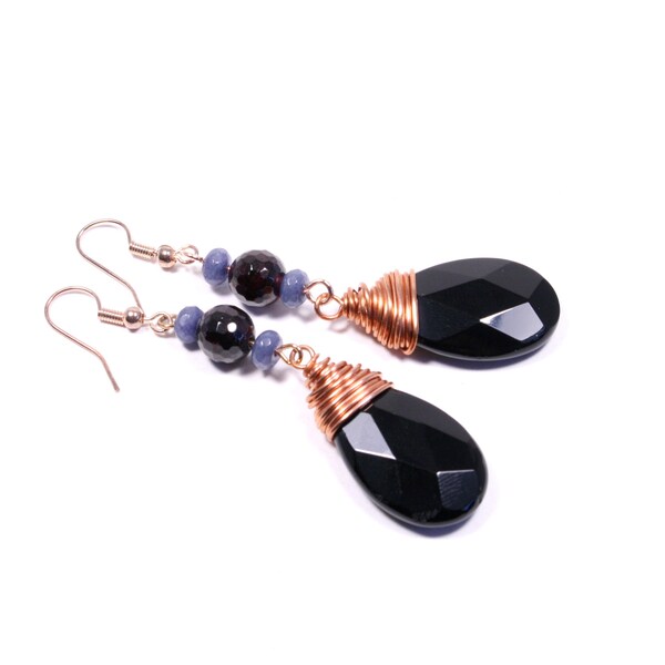 Copper Wire-wrapped Gemstone Earrings - Black Onxy Tearderop Earrings with Copper / Rose Gold - Onyx Drops - Rose Gold Black Gemstone Drops