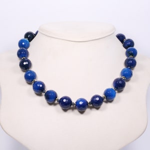 Blue Agate Gold Necklace Blue Gemstone Choker Necklace Chunky Blue Necklace Navy Beaded Necklace Gold-Plated Blue Statement Necklace image 7