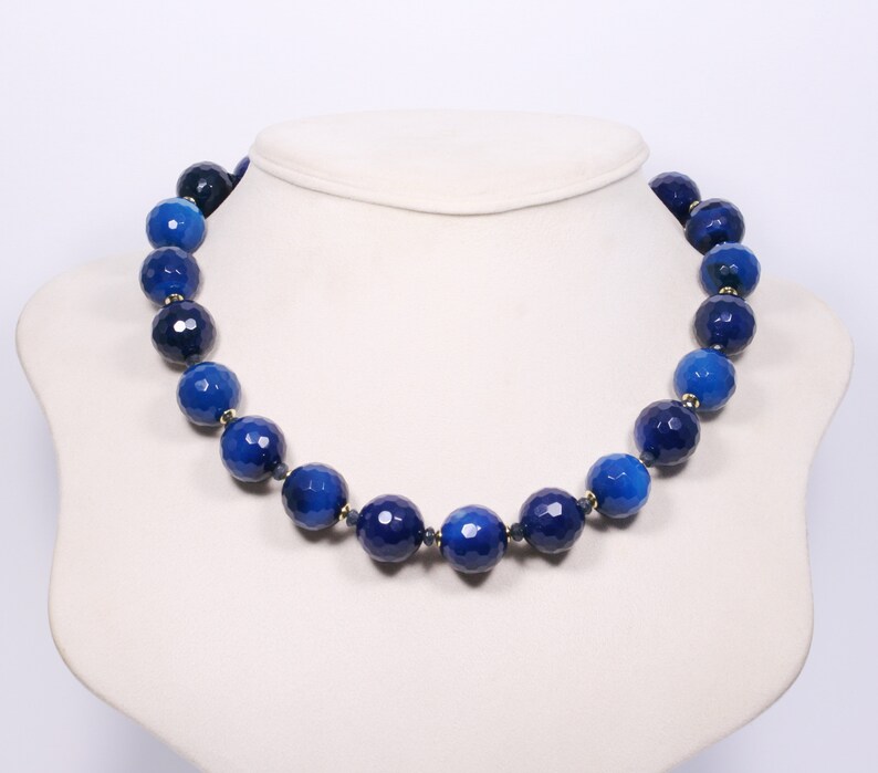 Blue Agate Gold Necklace Blue Gemstone Choker Necklace Chunky Blue Necklace Navy Beaded Necklace Gold-Plated Blue Statement Necklace image 7