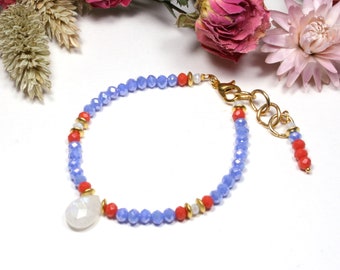 Moonstone & Blue Crystal Dainty Gemstone  Bracelet, Moonstone Beaded Bracelet, 14kt Gold Plated,  Blue and White Gemtone Bracelet with Coral