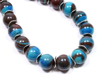 Blue Banded Jasper Necklace - Brown Blue Gemstone Necklace - Jasper Jewelry - Beaded Brown Jasper - Colourful Necklace