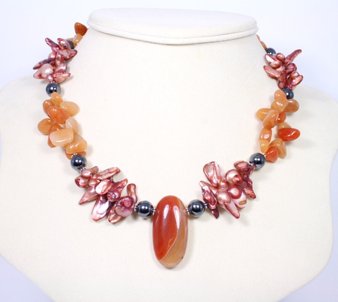 Carnelian Necklace Pearl and Gemstone Necklace Carnelian Pendant