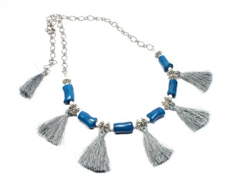 Grey Blue Statement Necklace with Tassels - Statement Tassel Necklace - Blue Tassel Necklace - Blue Necklace with Silver Tassels