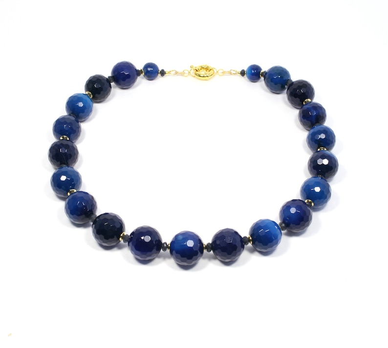 Blue Agate Gold Necklace Blue Gemstone Choker Necklace Chunky Blue Necklace Navy Beaded Necklace Gold-Plated Blue Statement Necklace image 2