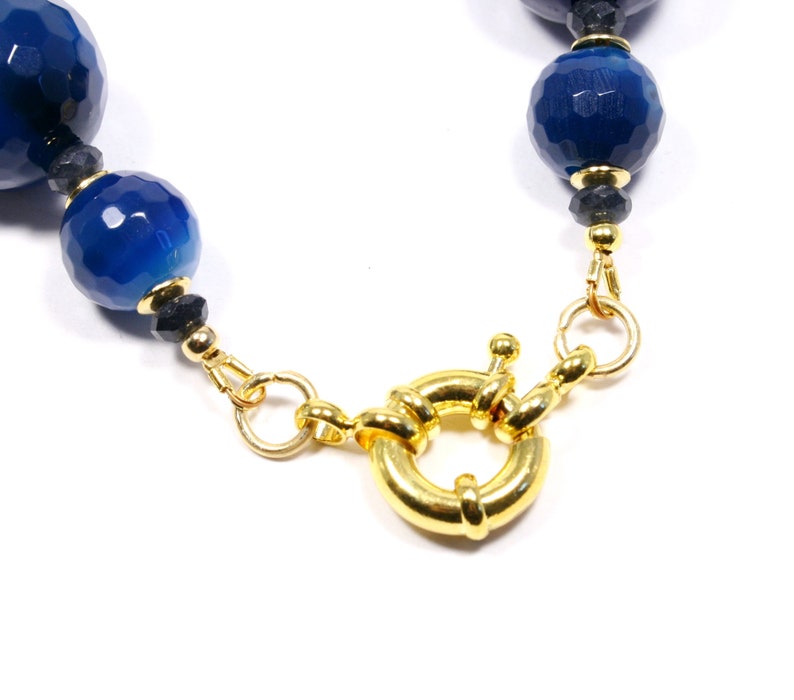 Blue Agate Gold Necklace Blue Gemstone Choker Necklace Chunky Blue Necklace Navy Beaded Necklace Gold-Plated Blue Statement Necklace image 5