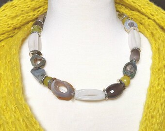 Grey Yellow Gemstone Necklace - Modern Gemstone Necklace  - Mixed Semi Precious Stone Necklace - Grey Yellow White Stone Necklace