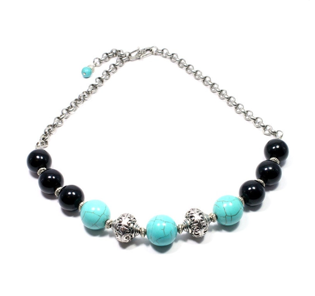 Onyx and Turquoise Necklace Black and Turquoise Gemstone - Etsy