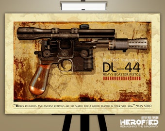 Star Wars Han Solo's DL-44 Blaster Art Print by Herofied / A New Hope / Metal, Canvas, & Acrylic options  / BlasTech Industries / Pistol
