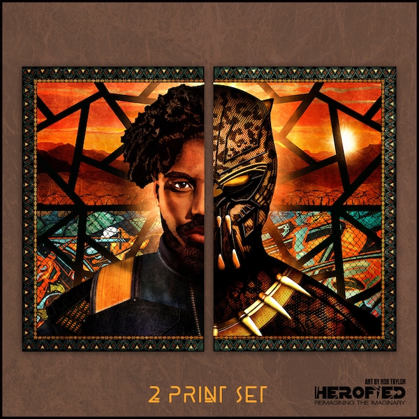 Black Panther Inspired Killmonger / Golden Jaguar / "N'Jadaka" Set of 2 Art Prints by Herofied / Options also include Metal, Canvas, Acrylic