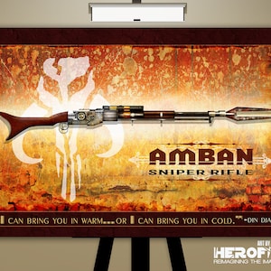 Star Wars The Mandalorian Sniper Rifle Art Print by Herofied / Material options include Metal, Canvas, & Acrylic / Din Djarin / Amban