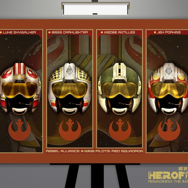 Star Wars "Rebel X-Wing Pilots: Red Squadron Helmet Composite" Art Print by Herofied / Luke, Biggs, Wedge / Metal, Canvas, & Acrylic options