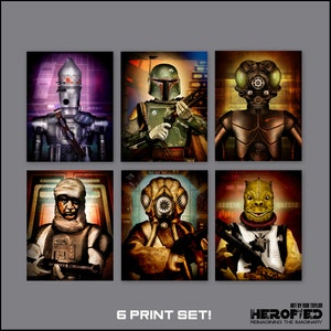 Star Wars Bounty Hunter Set of 6 11X14 Art Prints / IG-88, Boba Fett, 4-LOM, Dengar, Zuckuss, and Bossk / Empire Strikes Back