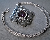 Vintage Silver Tone Designer Signed Sarah Coventry Large Round Purple Faceted Stone Pendant Charm Necklace Chain