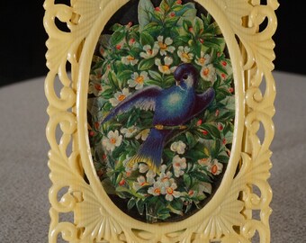 Antique Vintage Rectangle Picture Frame Scrolled Etched Filigree Celluloid Victorian Style Print Glass Table Top Home Decor Collectable Rare