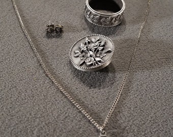 Vintage Pewter Set 4 Trinket Jewelry Pill Box Pin Brooch Stud Pierced Earrings Pendant Charm Necklace Chain Raised Relief Flower Design 3575